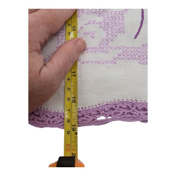 VTG Handcrafted Cross Stiched Table Runner Dresser Scarf Purple Crochet Trim - Picture 4 of 9